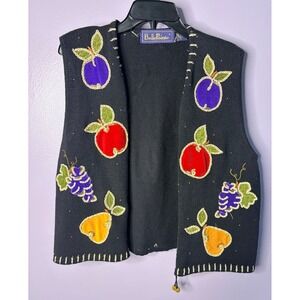 Vtg Embroidered Sweater Vest Fruit Sequin Appliqué Grandmacore Size Large READ